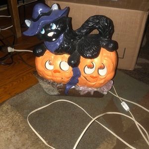 Adorable black cat on pumpkin luminary